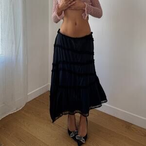 Vintage Italian Black Tiered Cotton Midi Skirt Lace Trim (S/M)